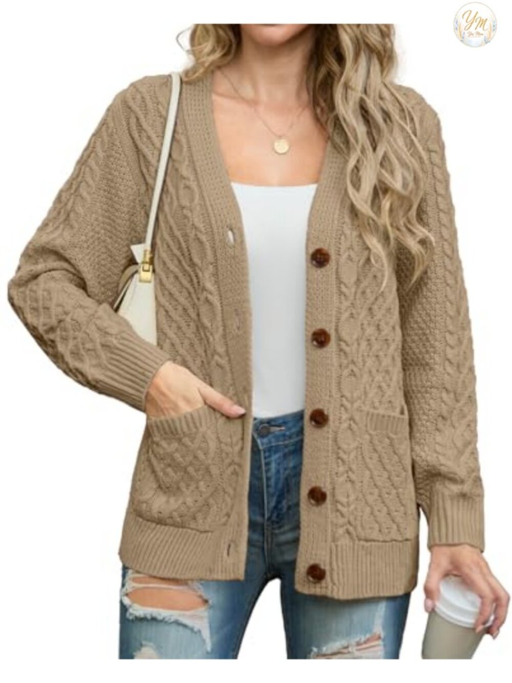 Women's Chunky Cable Knit Cardigan Sweater Button Down with Pockets